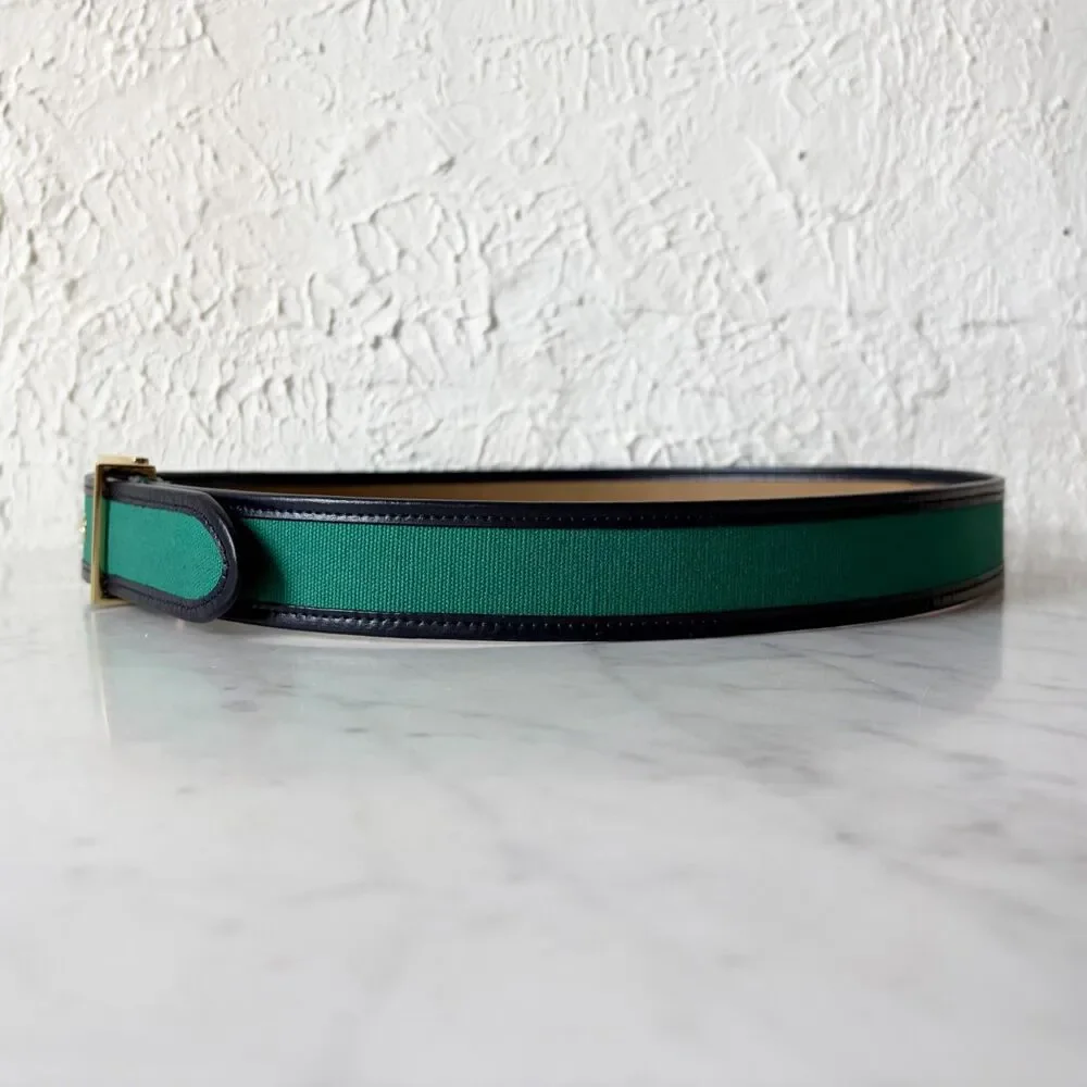 Talbots Belt Green Canvas Navy Leather Trim Gold Tone Buckle Women's L Preppy